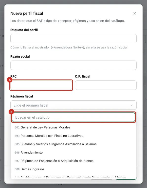 Lista de regímenes del catálogo del SAT