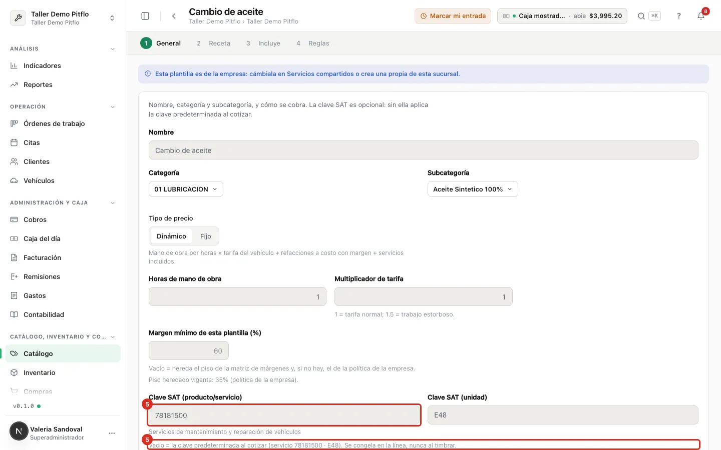 Claves del SAT de un servicio del catálogo