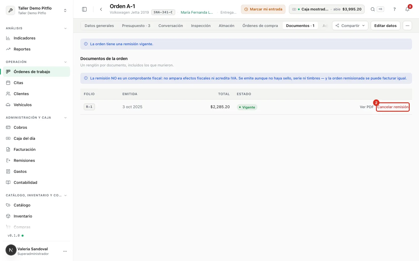 Botón Cancelar remisión