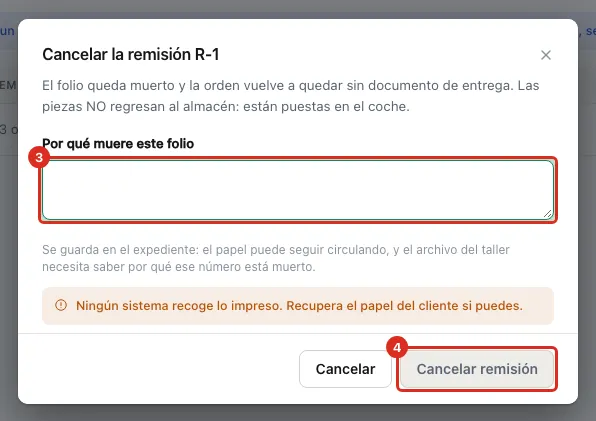 Diálogo para cancelar la remisión