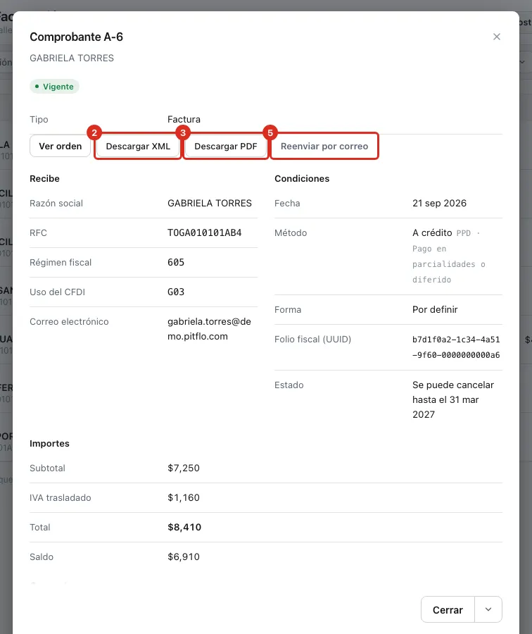Botones de descarga y reenvío en la ficha del comprobante