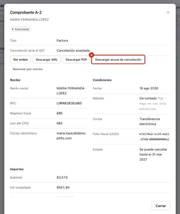 Botón Descargar acuse de cancelación
