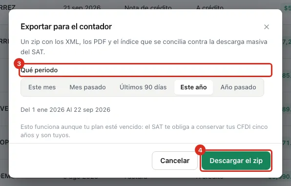 Diálogo Exportar para el contador