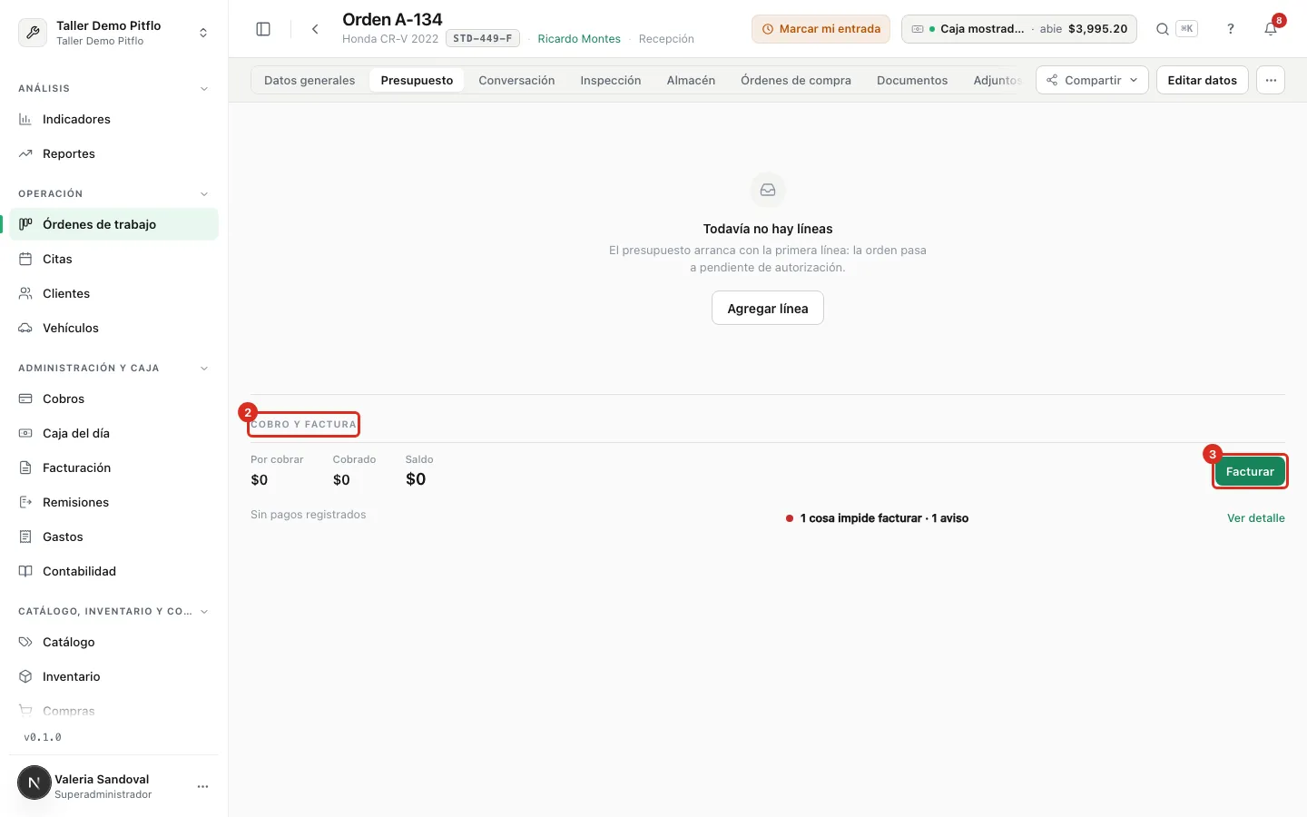 Botón Facturar en Cobro y factura