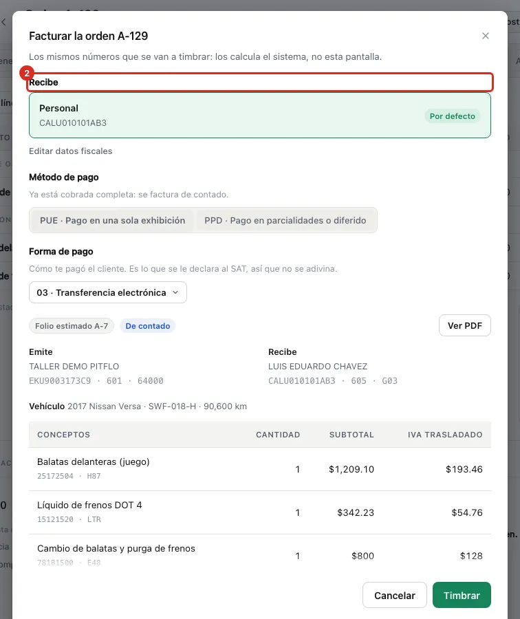 Receptor Público en general en el diálogo de facturar