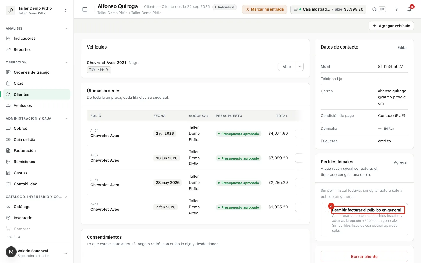 Interruptor en la ficha del cliente