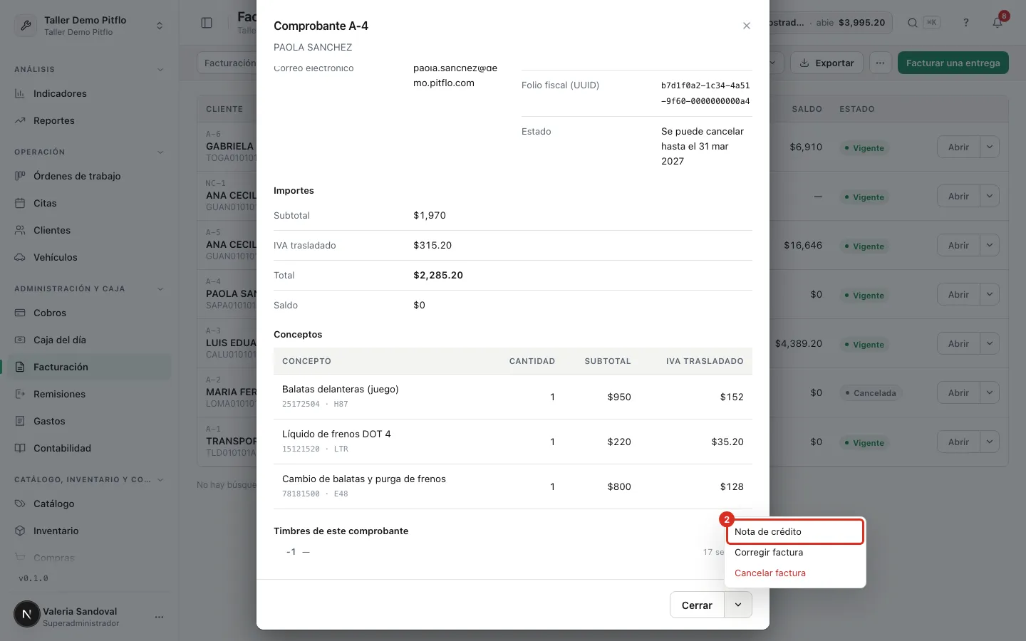 Nota de crédito en el menú del comprobante