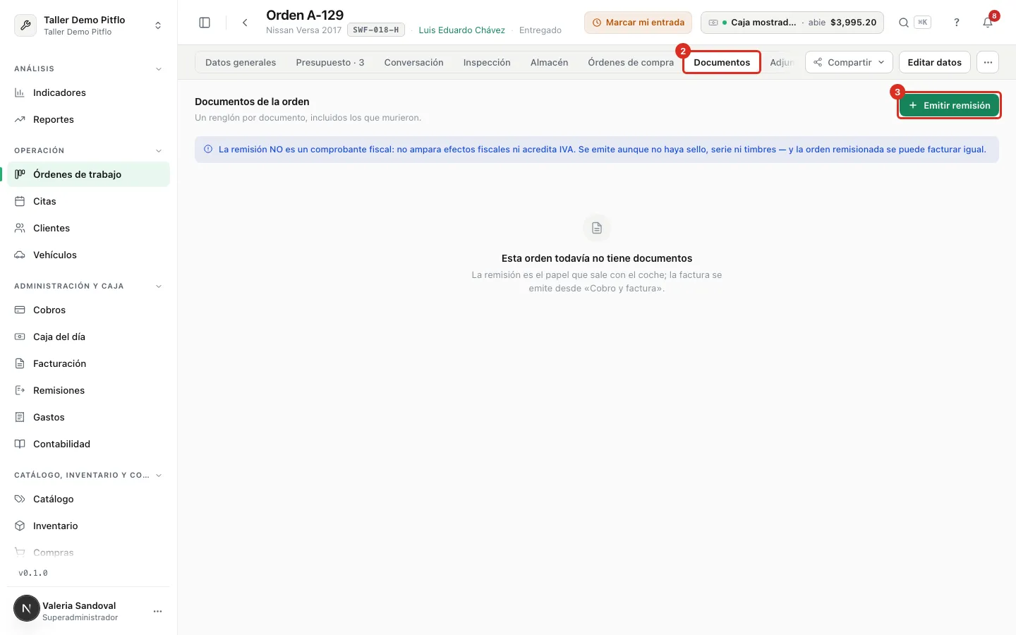 Sección Documentos con el botón Emitir remisión
