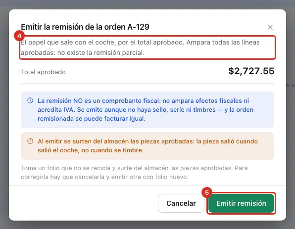 Ventana para emitir la remisión