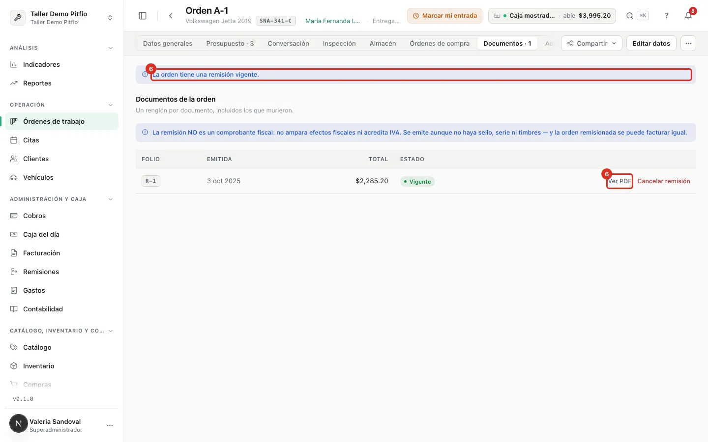 Remisión vigente en Documentos de la orden