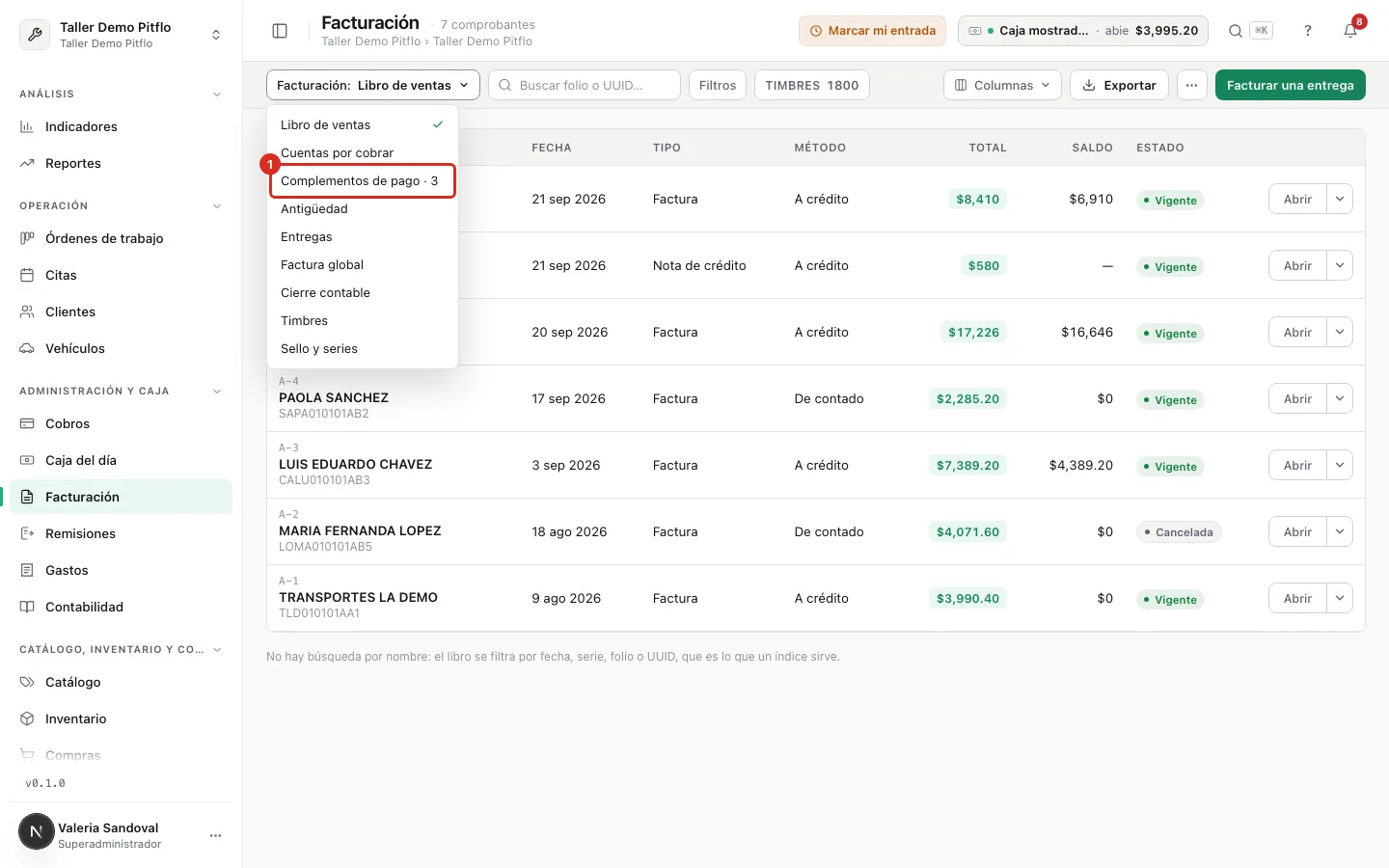 Complementos de pago en el selector de Facturación