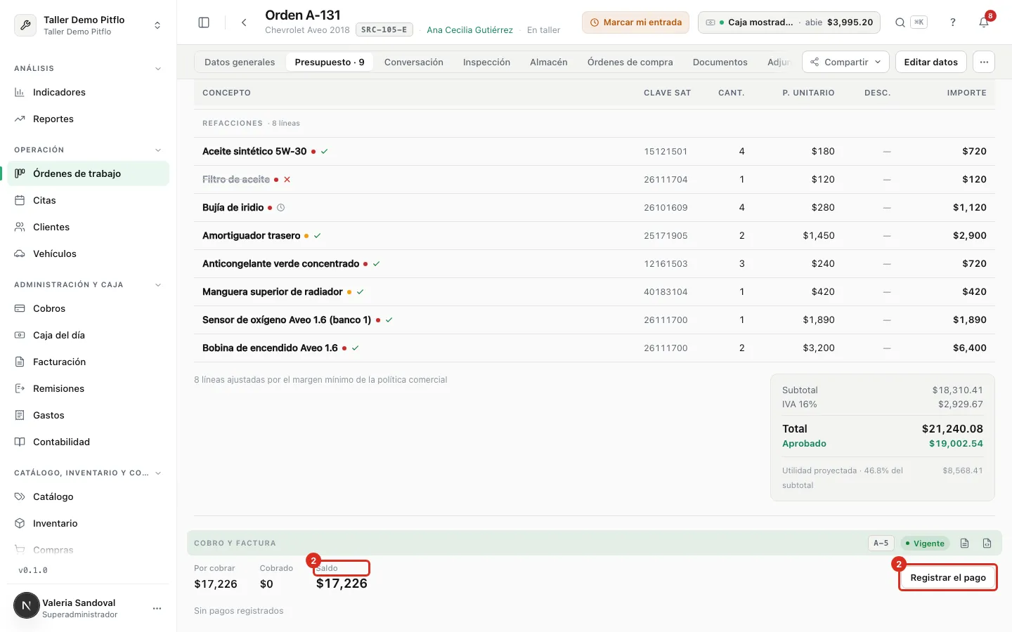 Saldo de la orden y botón Registrar el pago