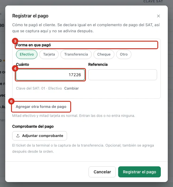 Diálogo Registrar el pago