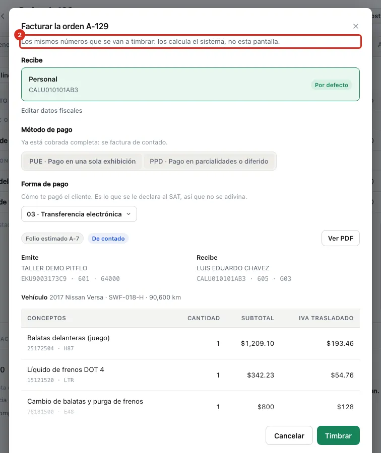 Encabezado del diálogo de facturar