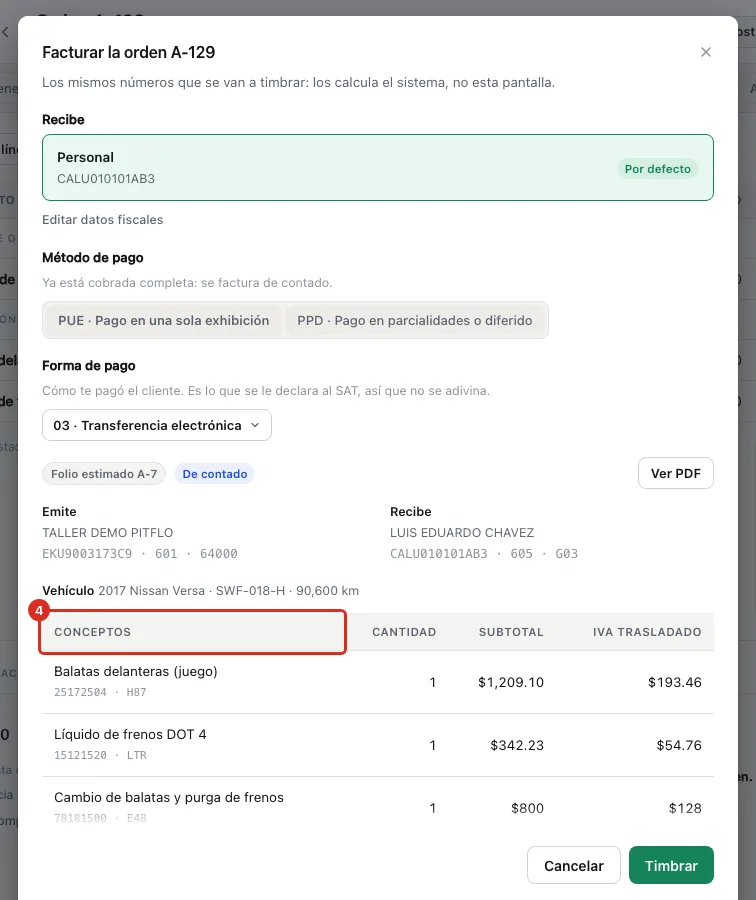 Conceptos y totales de la previa