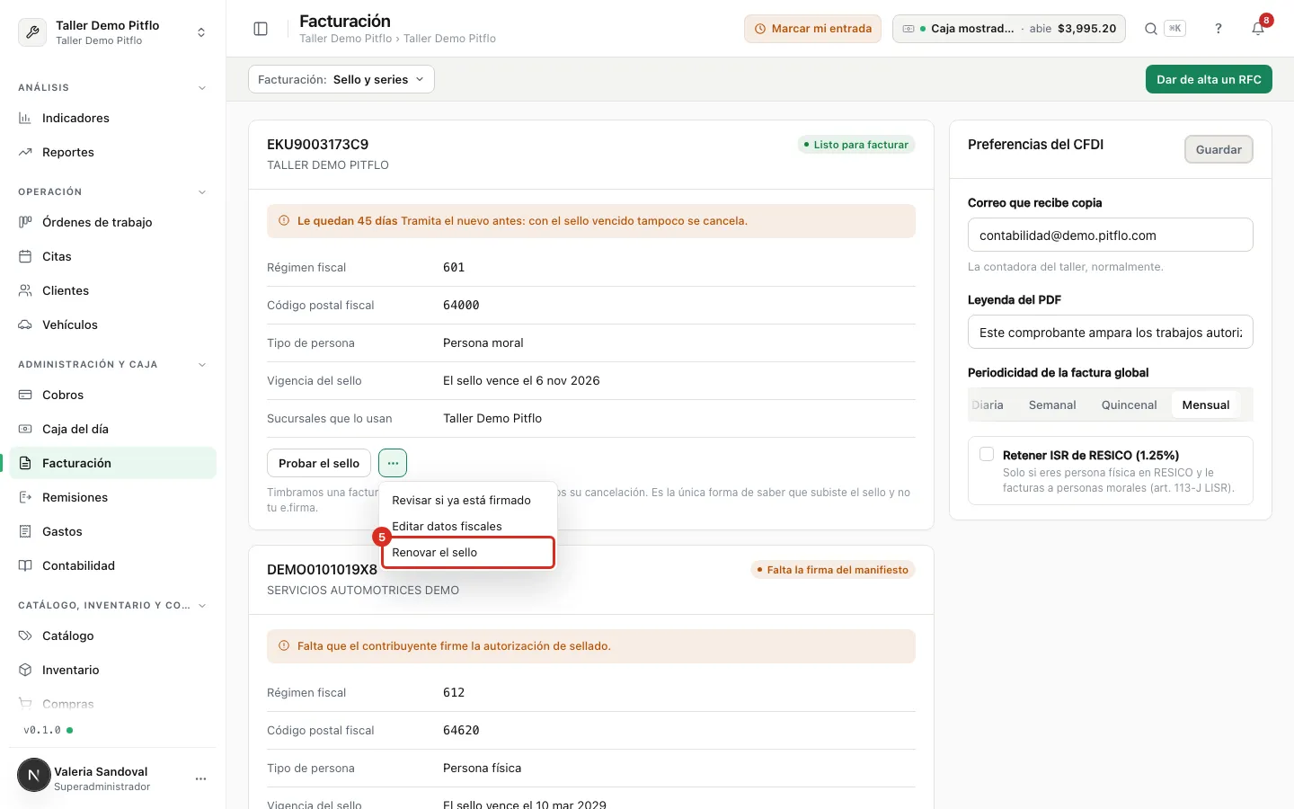 Menú de la tarjeta con Renovar el sello