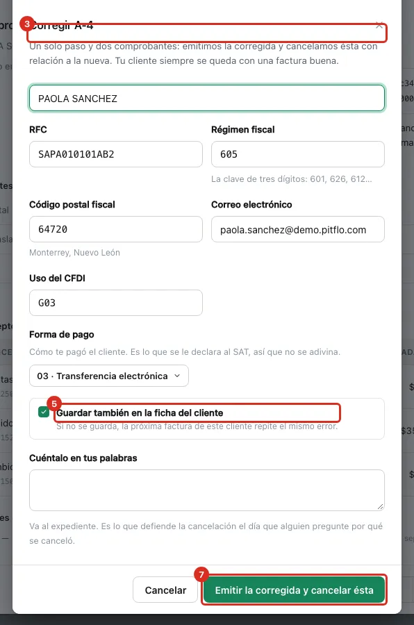 Diálogo para corregir la factura