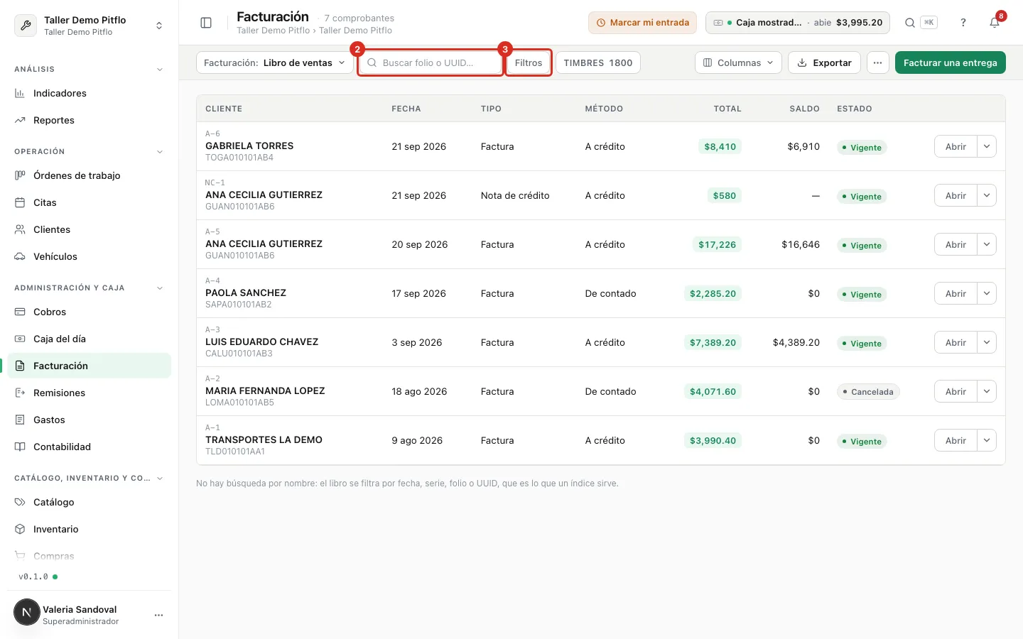 Buscador y botón Filtros del libro de ventas