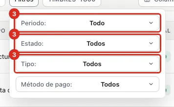Panel de filtros del libro de ventas