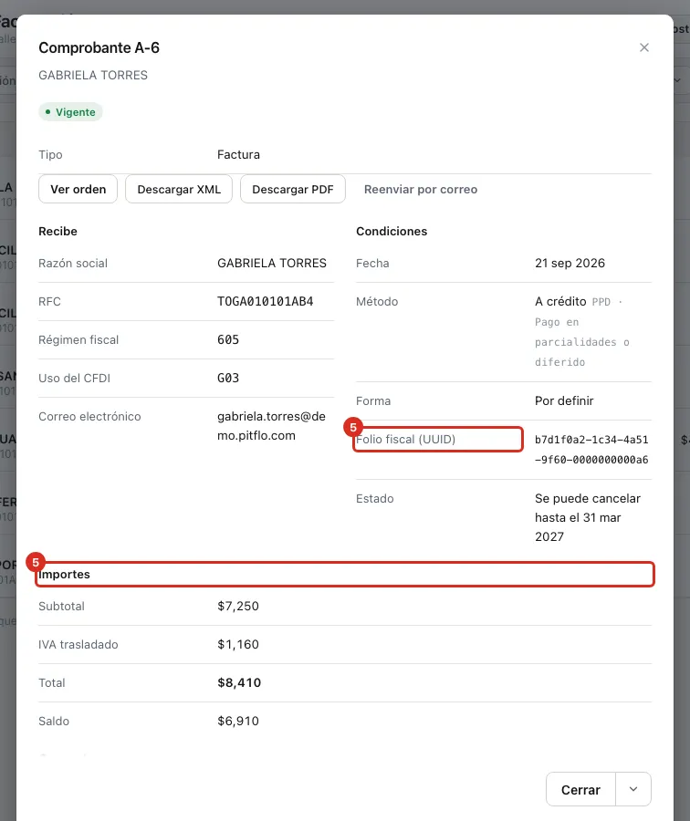 Ficha del comprobante