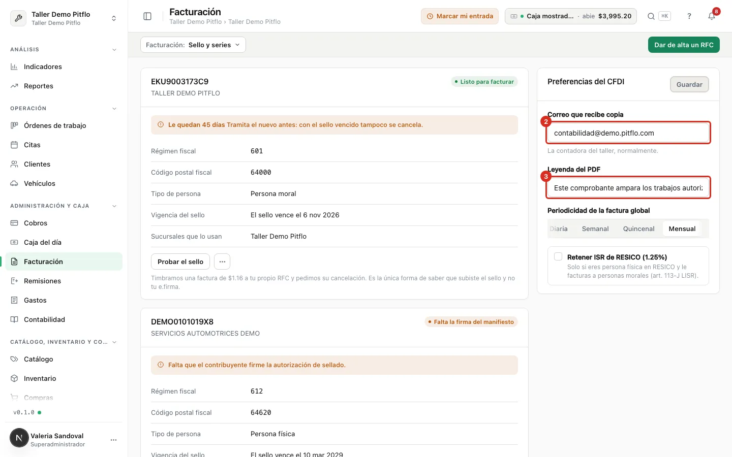 Correo de copia y leyenda del PDF