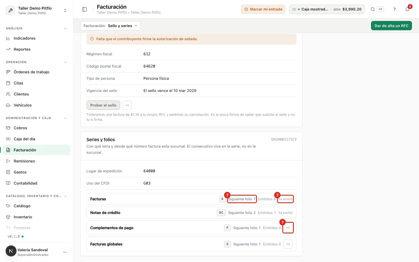 Series configuradas con su siguiente folio