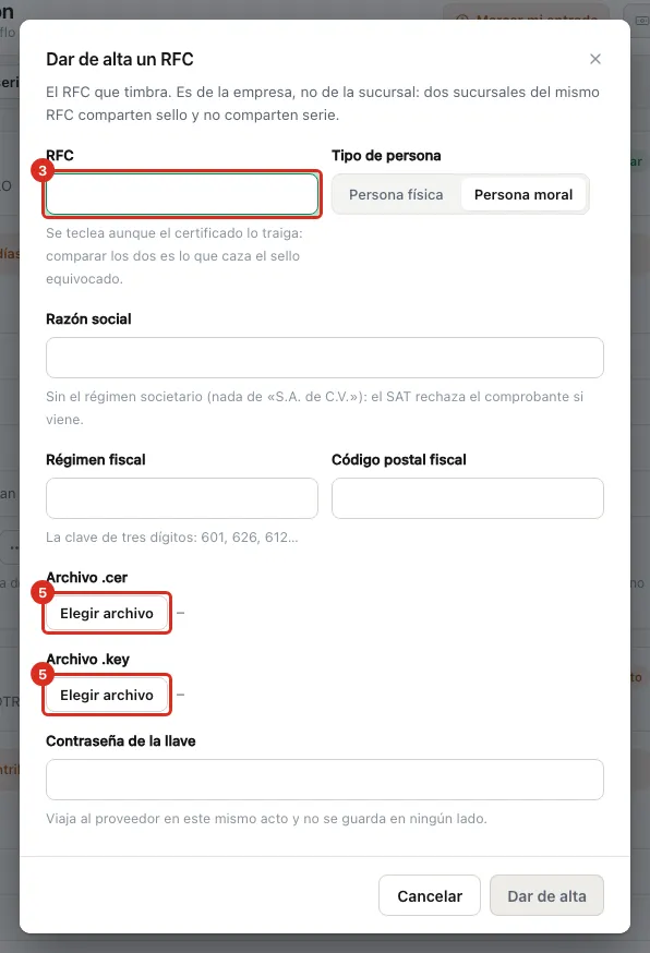 Formulario para dar de alta un RFC