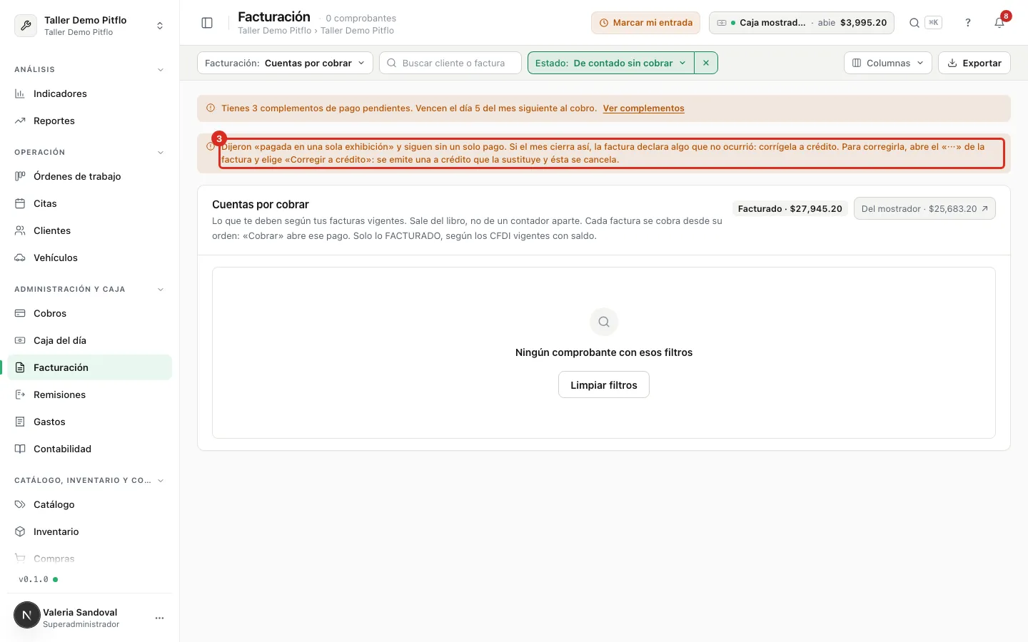 Aviso de las facturas de contado sin cobrar