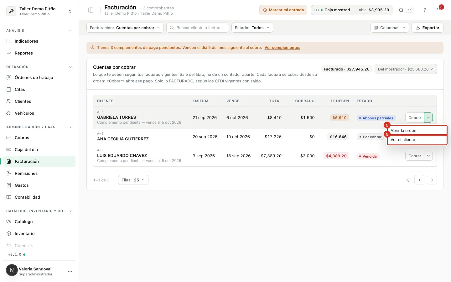Abrir la orden o ver el cliente desde la fila