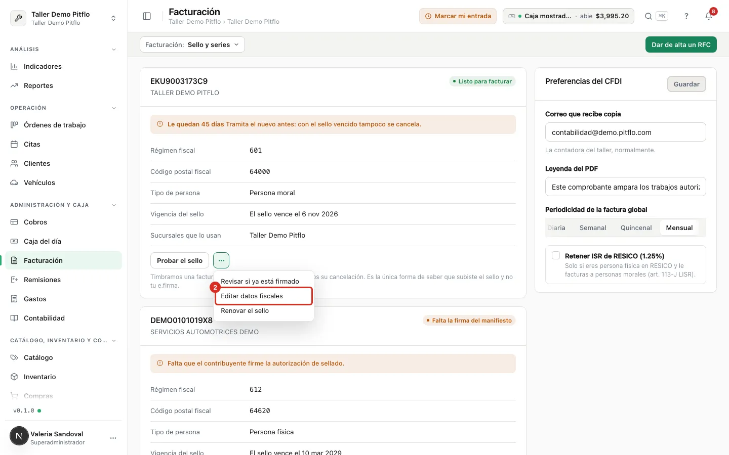 Menú de la tarjeta del RFC
