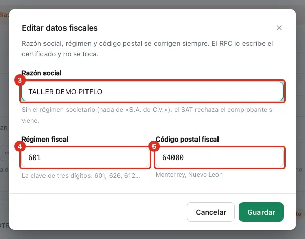 Diálogo Editar datos fiscales
