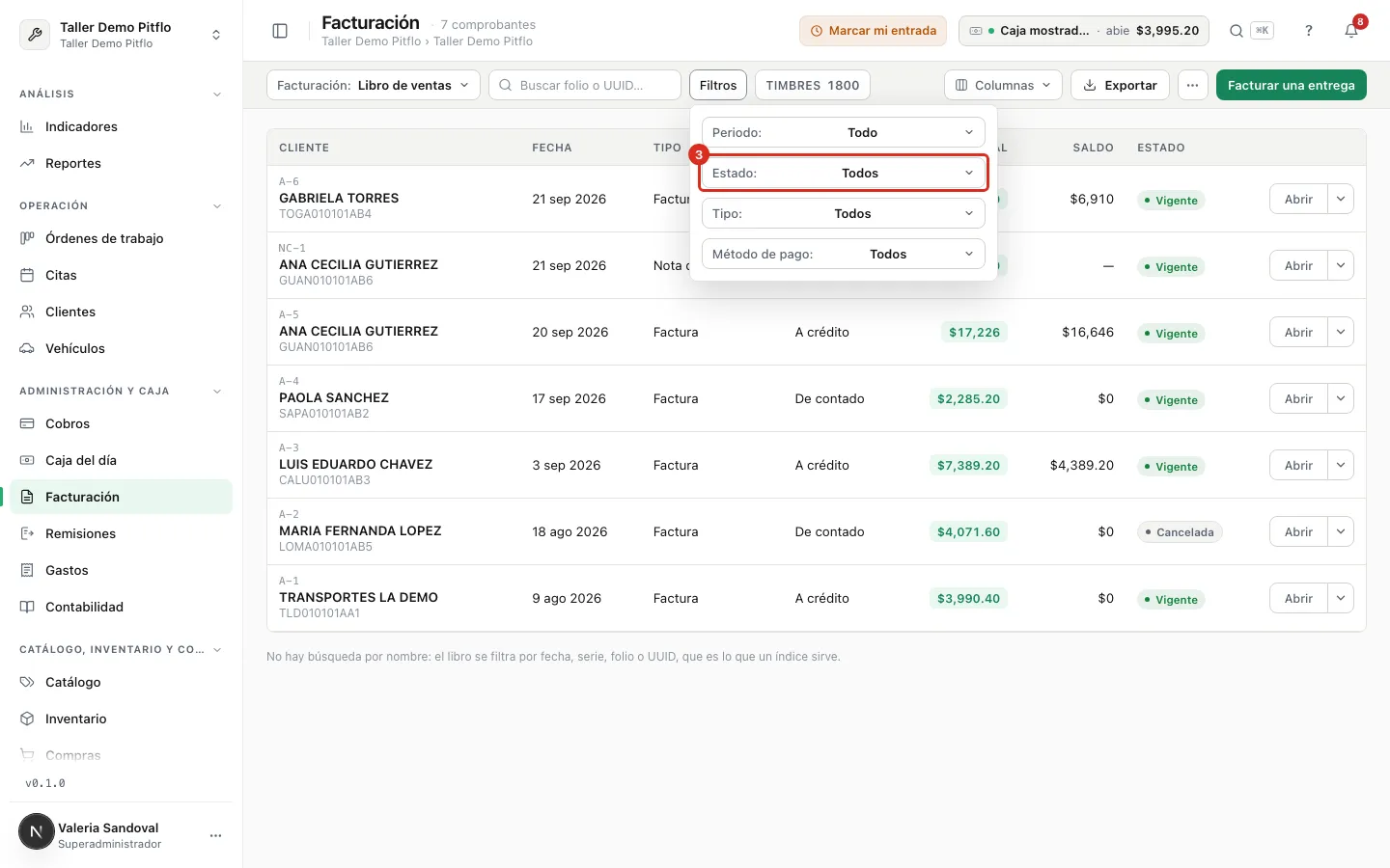 Filtro Estado del libro de ventas