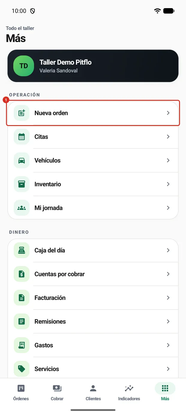 Nueva orden en el menú Más