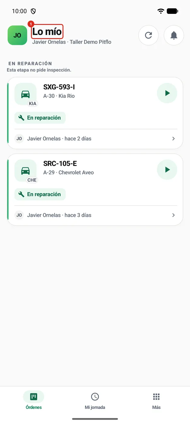 La lista Lo mío con las órdenes por etapa