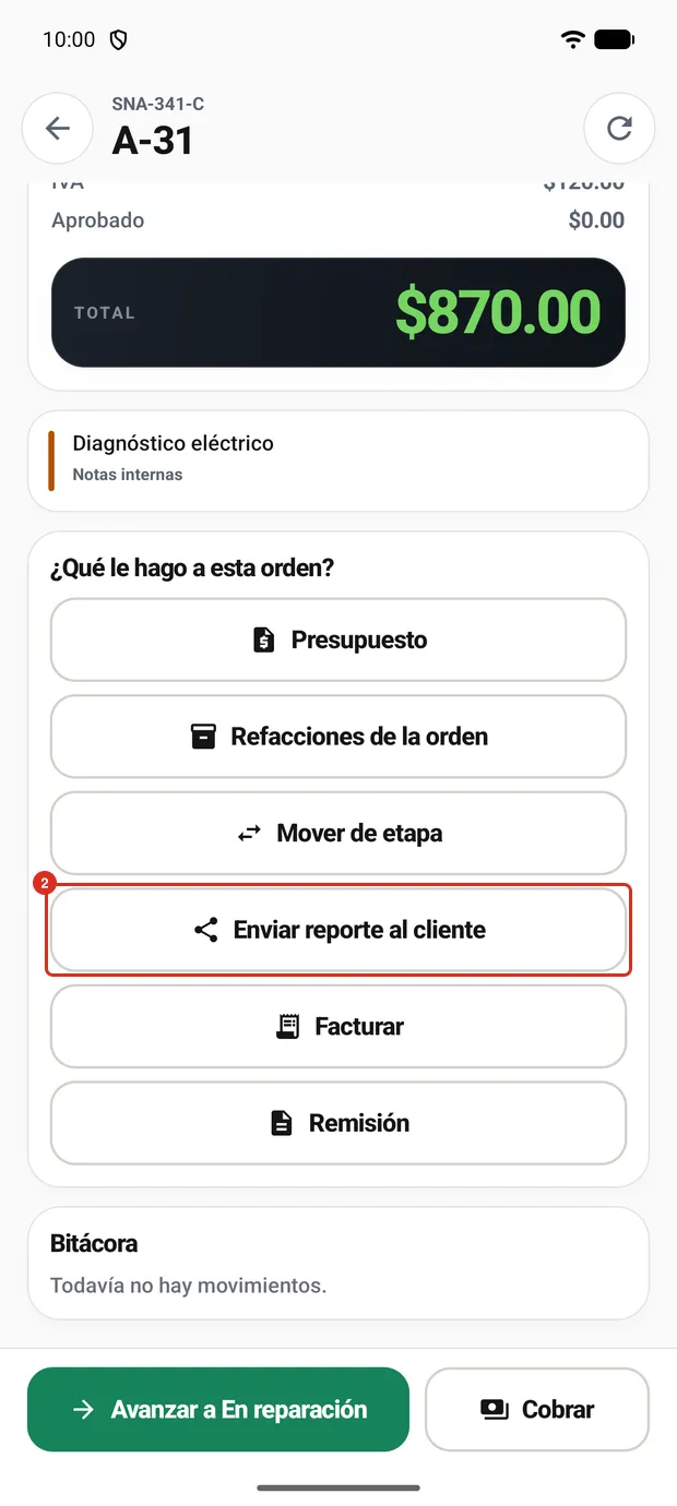 Enviar reporte al cliente dentro de la orden