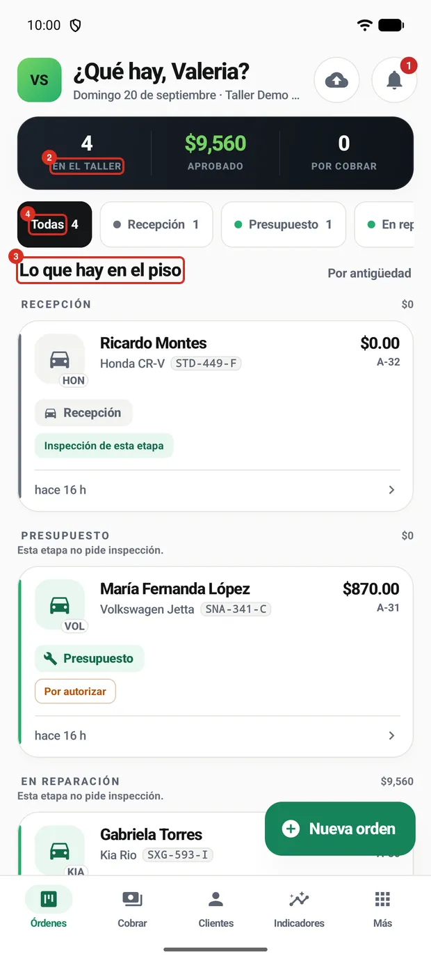 El tablero en la pestaña Órdenes