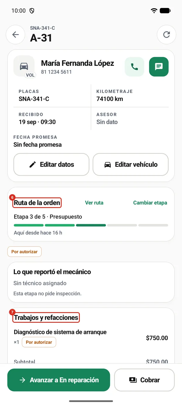 La orden abierta desde su tarjeta