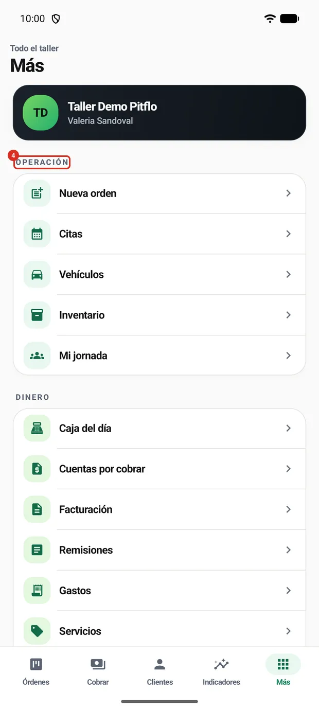 El menú Más con sus tres grupos