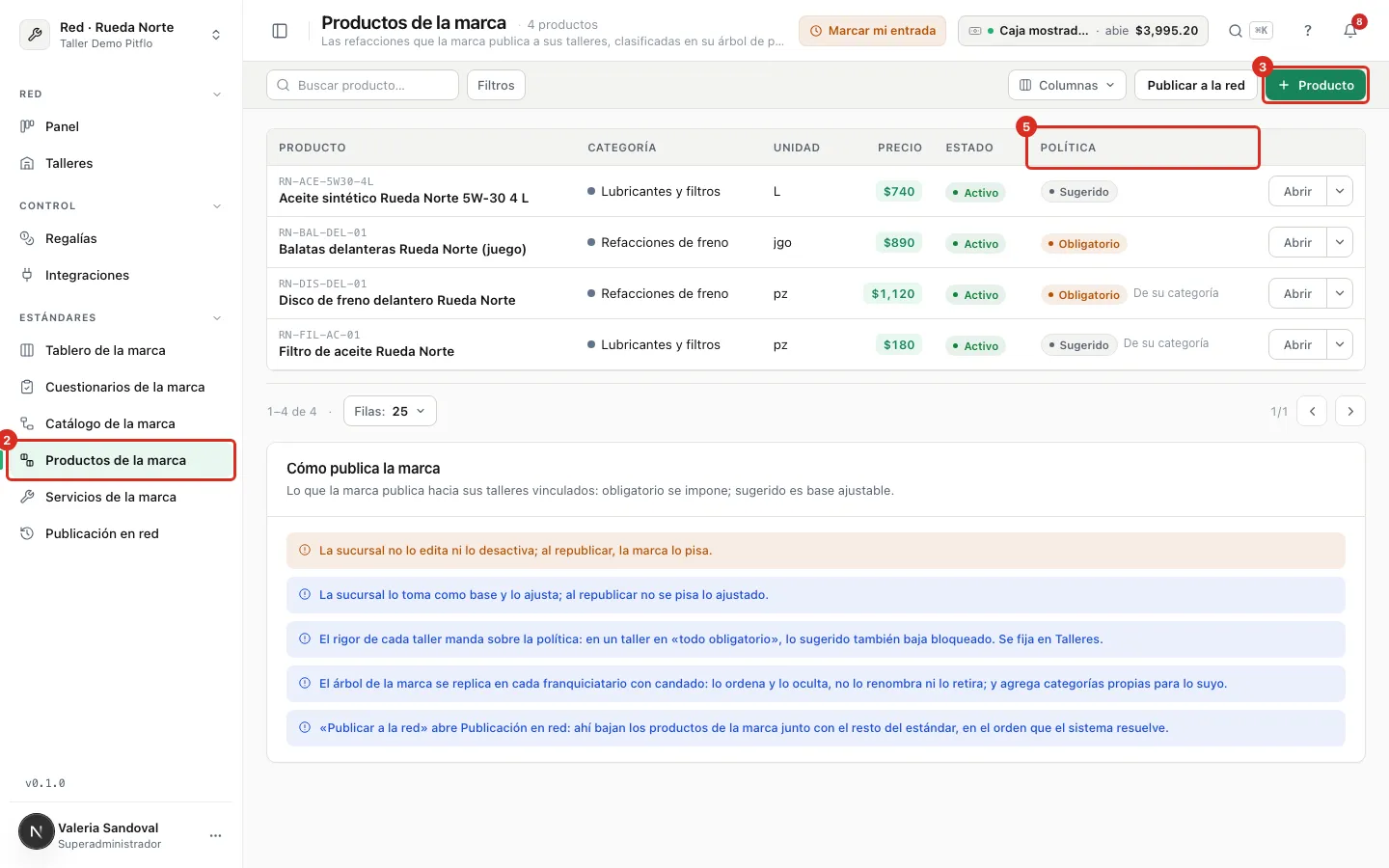 La lista de productos de la marca con su columna Política