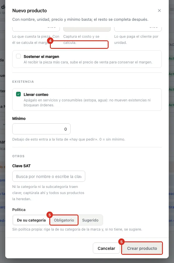 La ficha del producto con el selector de Política