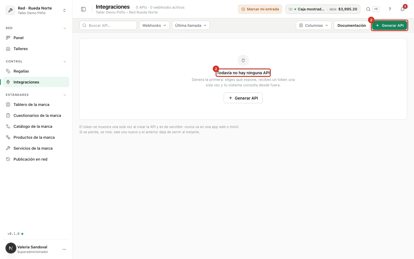 Integraciones de la red con el botón Generar API
