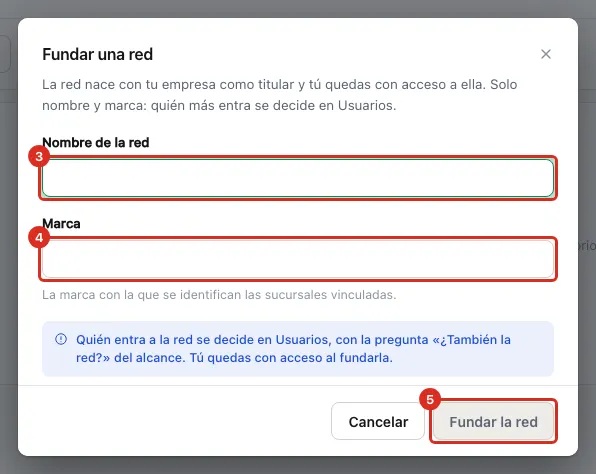 Ventana Fundar una red con nombre y marca