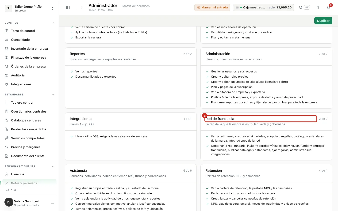 Módulo Red de franquicia en la matriz del rol