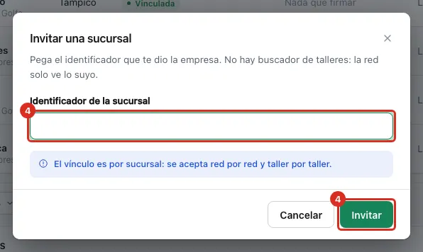 Ventana Invitar una sucursal