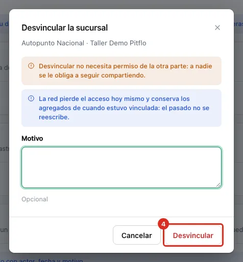 Ventana Desvincular la sucursal con sus avisos