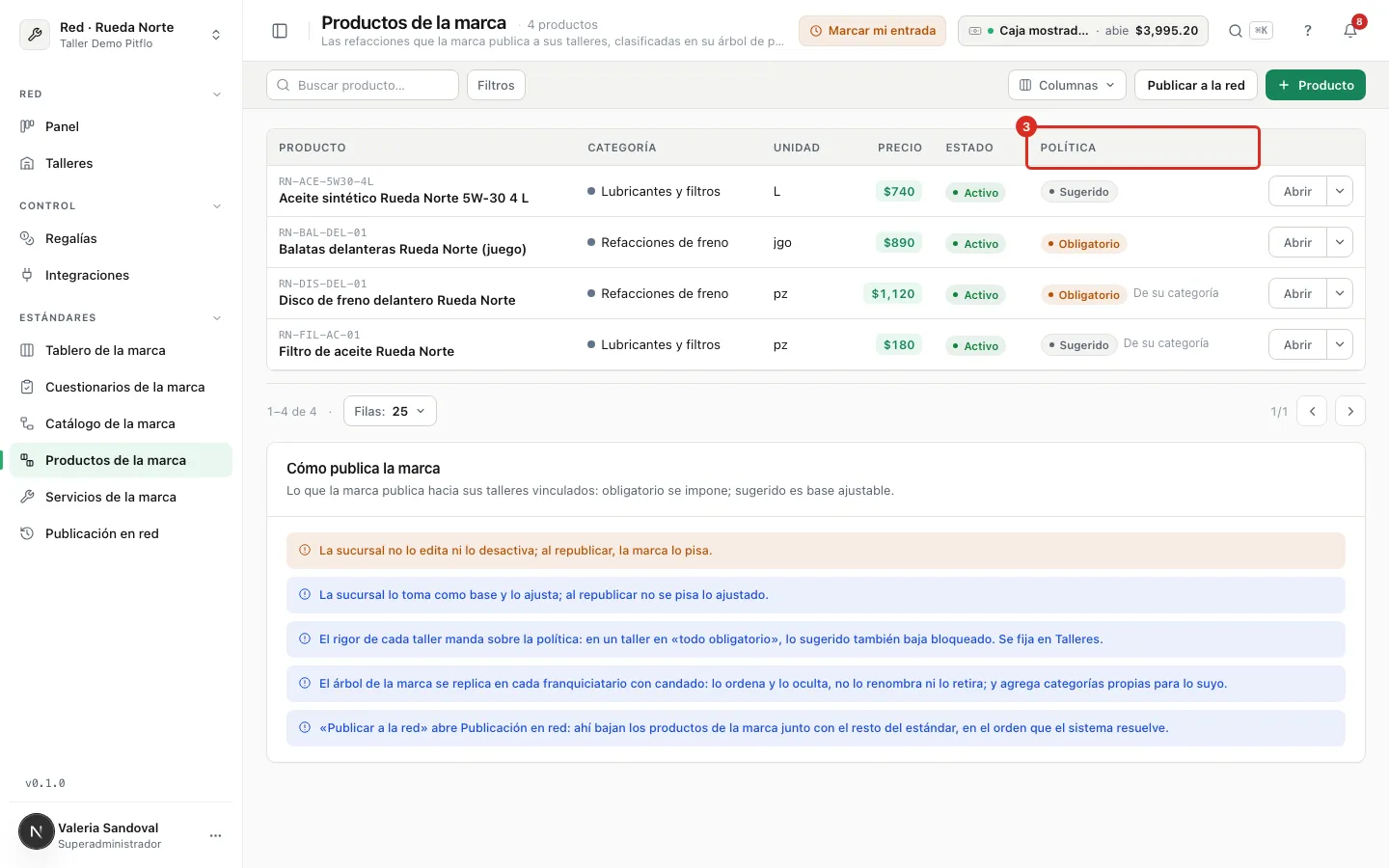 La lista de productos de la marca con la columna Política