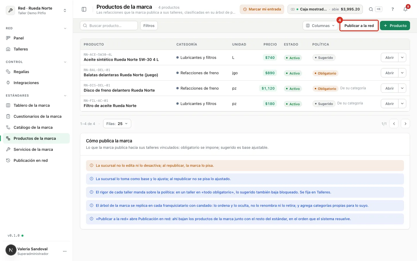 El botón Publicar a la red en la lista de productos de la marca