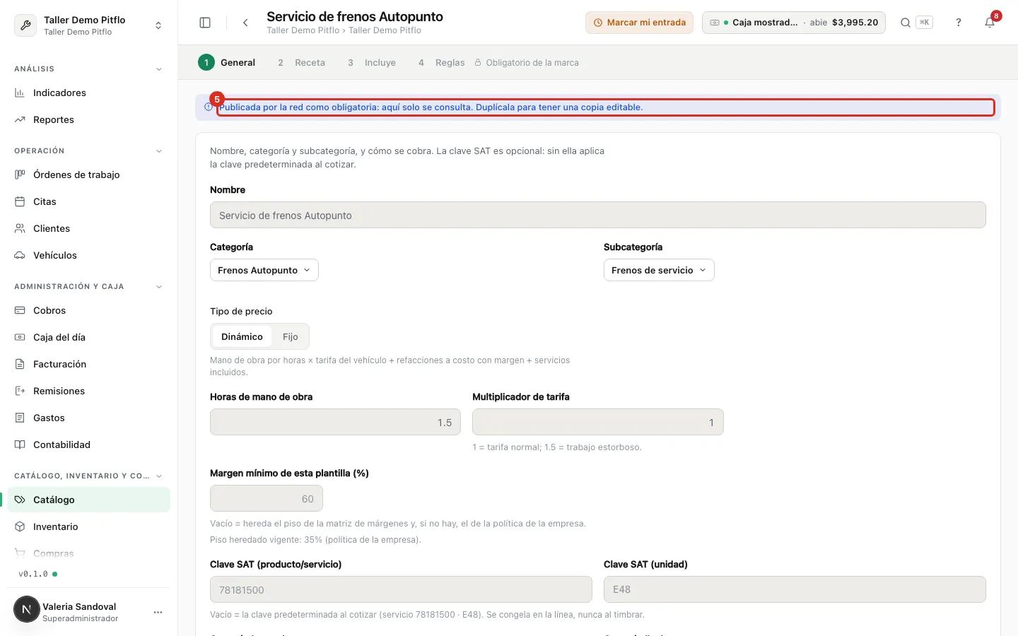 Servicio obligatorio de la marca abierto en modo consulta