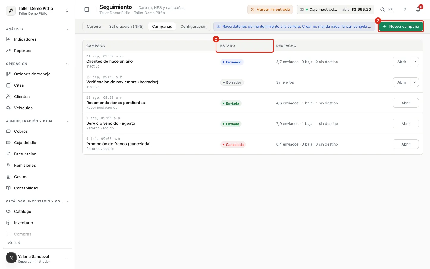 La pestaña de campañas