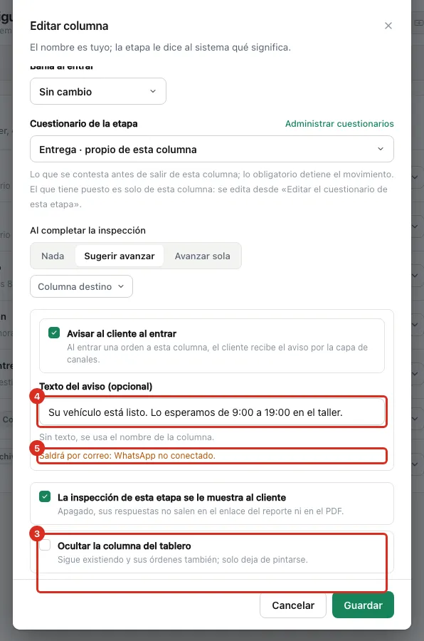 El aviso al cliente dentro de Editar columna